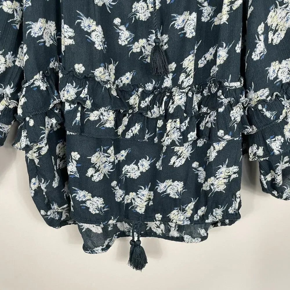Denim & Supply Ralph Lauren RL Boho Top Womens Sz XS Navy Floral Peasant Tassels